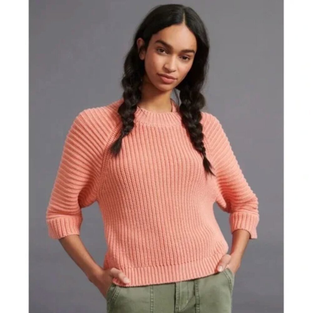 Anthropologie Maeve Mackenzie Chunky Knit 3/4 Sleeve Cotton Sweater, Coral, S